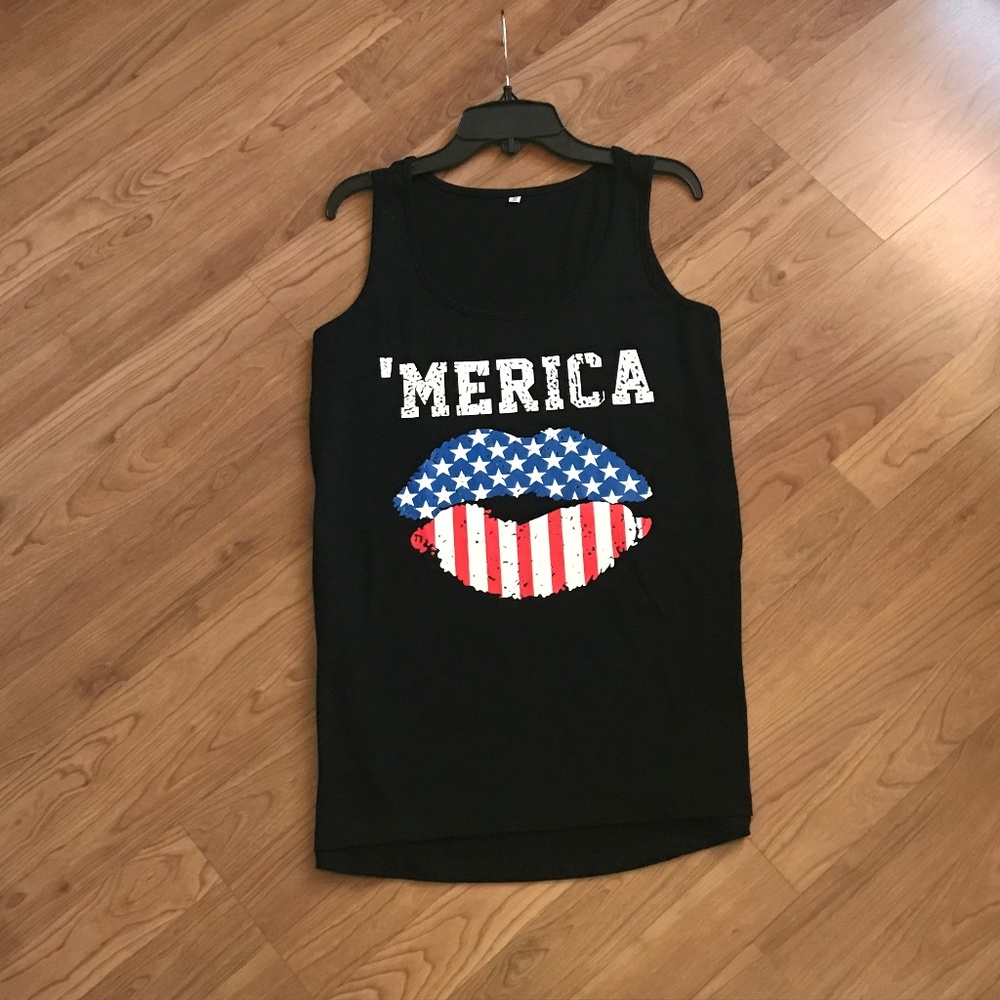 “Merica” Lips Sleeveless Tee - Black - Size Medium